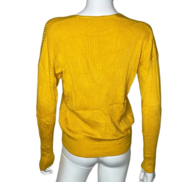 Elodie Women's Mustard Yellow Ribbed Knit Surplice Neck Long Sleeve Pullover Top - Picture 4 of 4